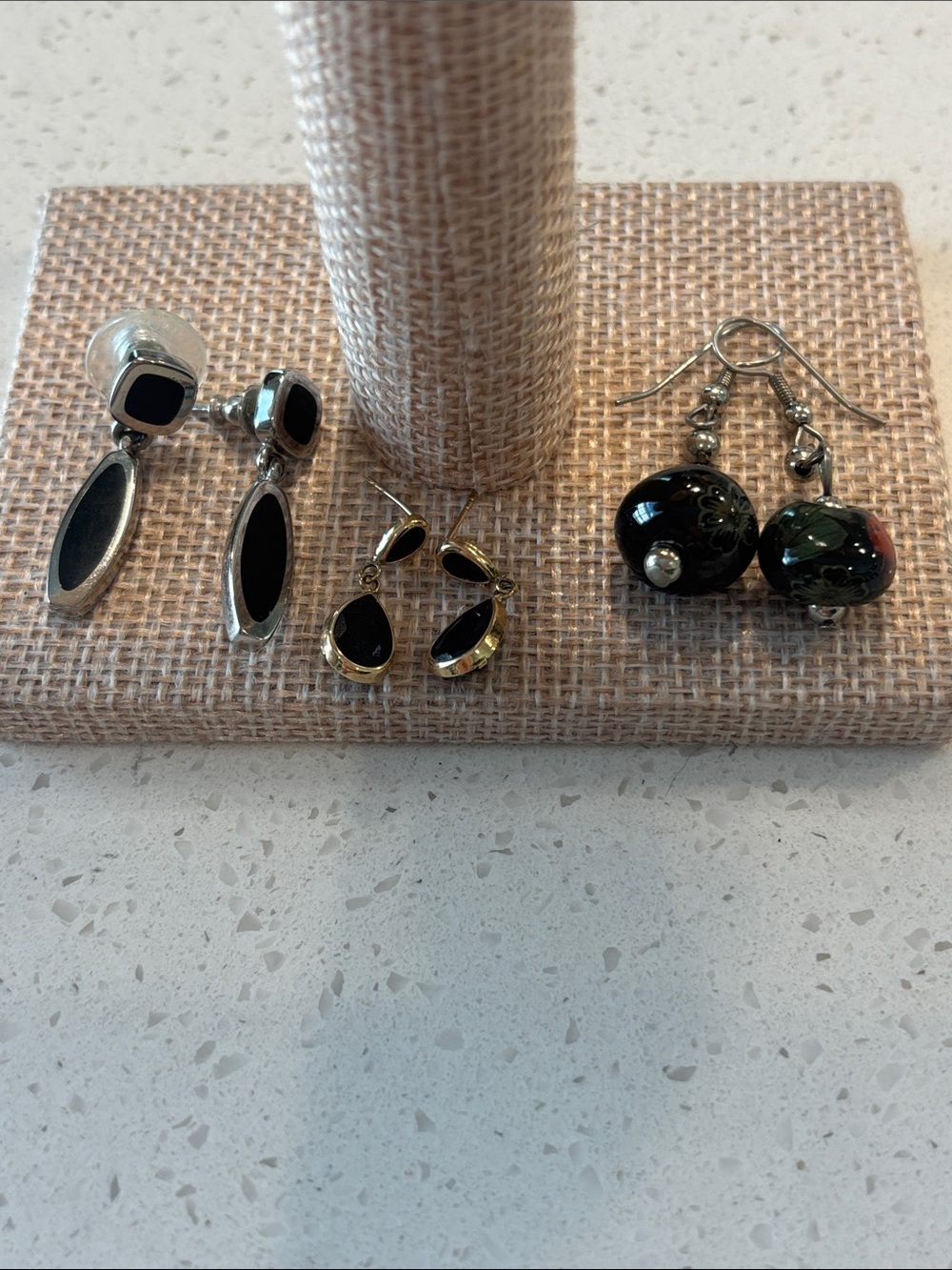 Vintage Black Earrings Lot 3 Pairs Cloisonné Floral Geometric Art Deco Dangle Dr